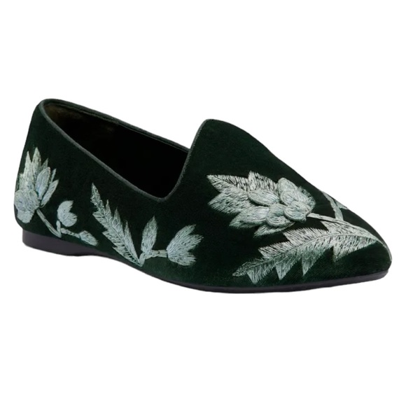 Birdies Shoes - Birdies Heron Flat in Floral Embroidered Emerald